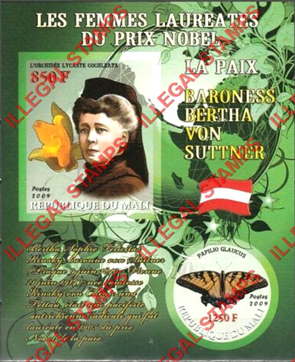 Mali 2009 Female Nobel Prize Winner for Peace Baroness Bertha von Suttner and Butterfly Illegal Stamp Souvenir Sheet of 2