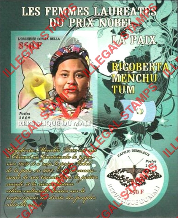Mali 2009 Female Nobel Prize Winner for Peace Rigoberta Menchu Tum and Butterfly Illegal Stamp Souvenir Sheet of 2