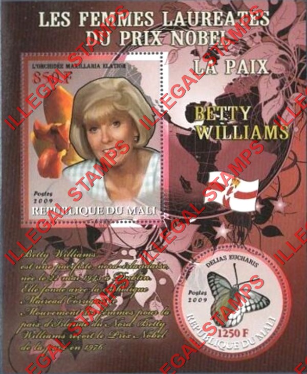 Mali 2009 Female Nobel Prize Winner for Peace Betty Williams and Butterfly Illegal Stamp Souvenir Sheet of 2