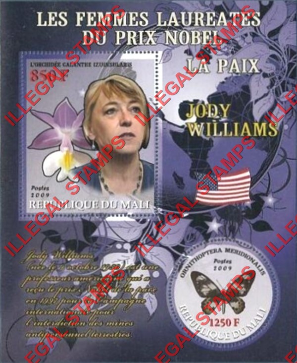 Mali 2009 Female Nobel Prize Winner for Peace Jody Williams and Butterfly Illegal Stamp Souvenir Sheet of 2