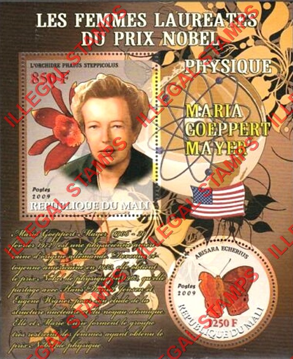 Mali 2009 Female Nobel Prize Winner for Physics Maria Goeppert Mayer and Butterfly Illegal Stamp Souvenir Sheet of 2