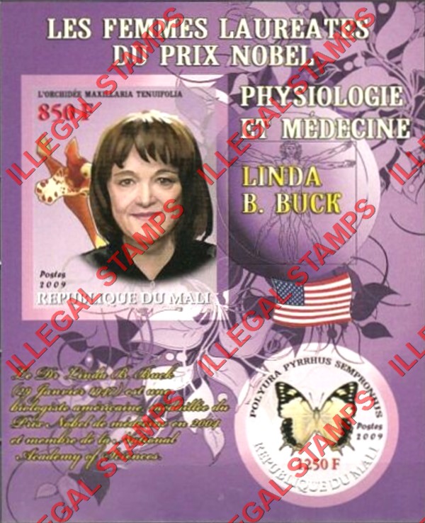 Mali 2009 Female Nobel Prize Winner for Physiology and Medicine Linda B. Buck and Butterfly Illegal Stamp Souvenir Sheet of 2