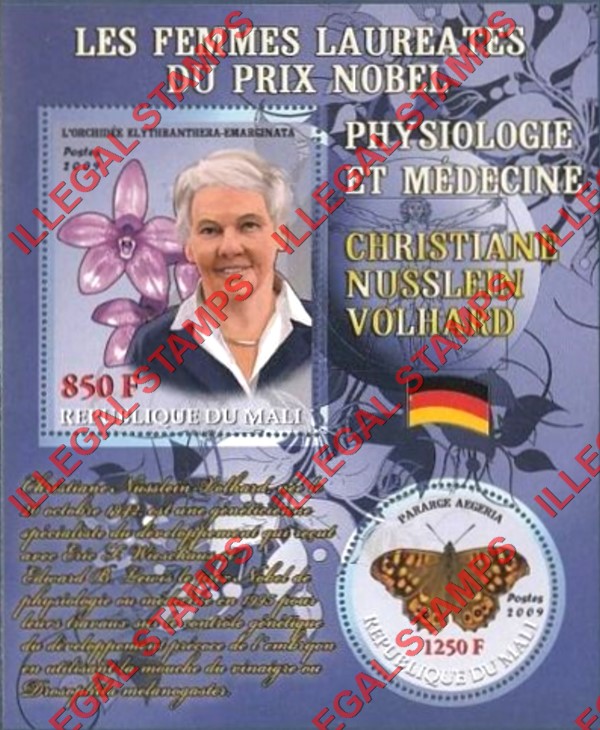 Mali 2009 Female Nobel Prize Winner for Physiology and Medicine Christiane Nusslein Volhard and Butterfly Illegal Stamp Souvenir Sheet of 2