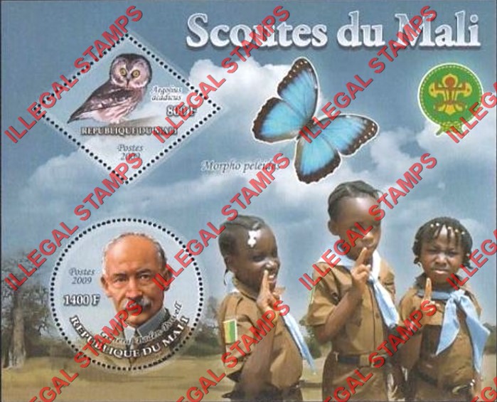 Mali 2009 Scouts in Mali and Baden Powell and Owl and Butterfly Illegal Stamp Souvenir Sheet of 2