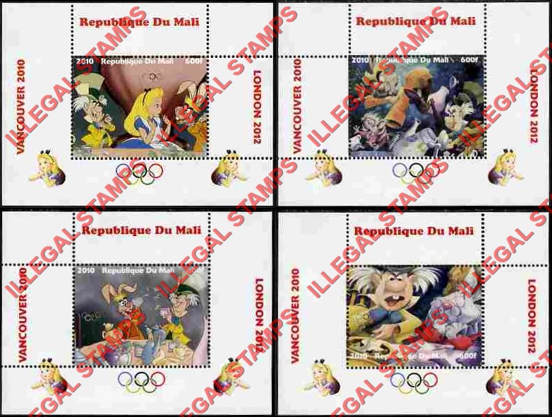 Mali 2010 Alice in Wonderland Illegal Stamp Souvenir Sheets of 1
