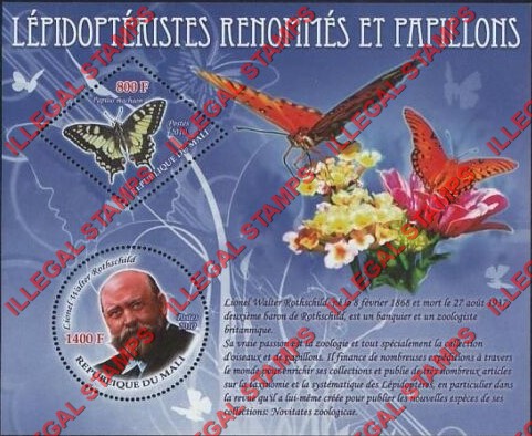 Mali 2010 Butterflies and Lepidopterists Lionel Walter Rothschild Illegal Stamp Souvenir Sheet of 2