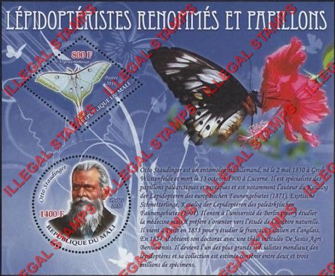 Mali 2010 Butterflies and Lepidopterists Otto Staudinger Illegal Stamp Souvenir Sheet of 2