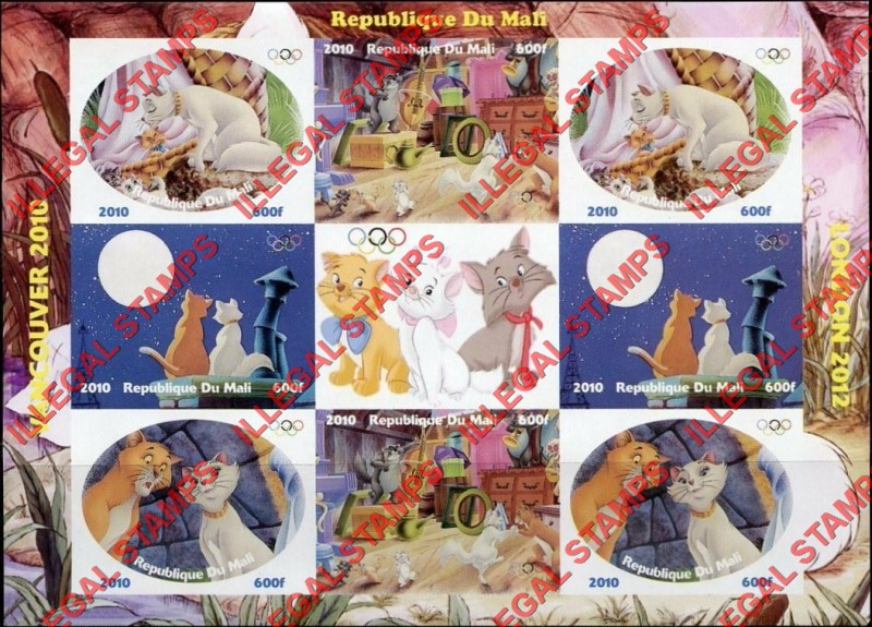 Mali 2010 Disney Aristocats Illegal Stamp Sheet of 8 Plus Label