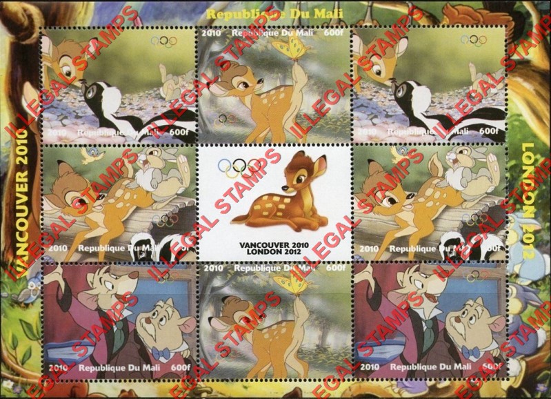 Mali 2010 Disney Bambi Illegal Stamp Sheet of 8 Plus Label