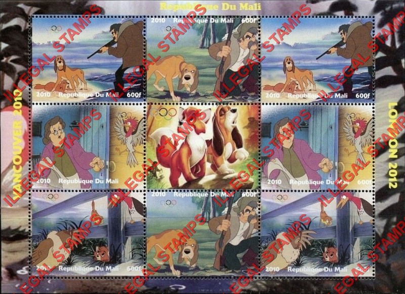 Mali 2010 Disney Fox and the Hound Illegal Stamp Sheet of 8 Plus Label