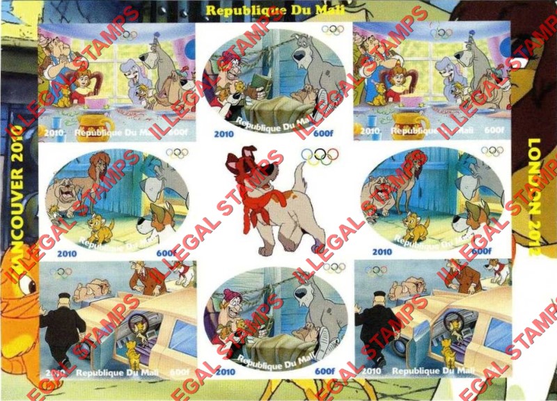 Mali 2010 Disney Lady and the Tramp Illegal Stamp Sheet of 8 Plus Label