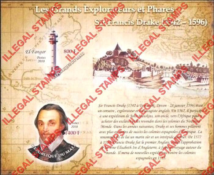 Mali 2010 Explorers and Lighthouses Francis Drake Illegal Stamp Souvenir Sheet of 2