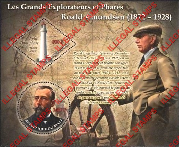 Mali 2010 Explorers and Lighthouses Roald Amundsen Illegal Stamp Souvenir Sheet of 2