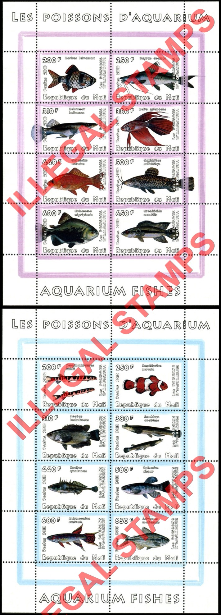 Mali 2010 Fish Aquarium Illegal Stamp Sheetlets of 8 (Part 1)