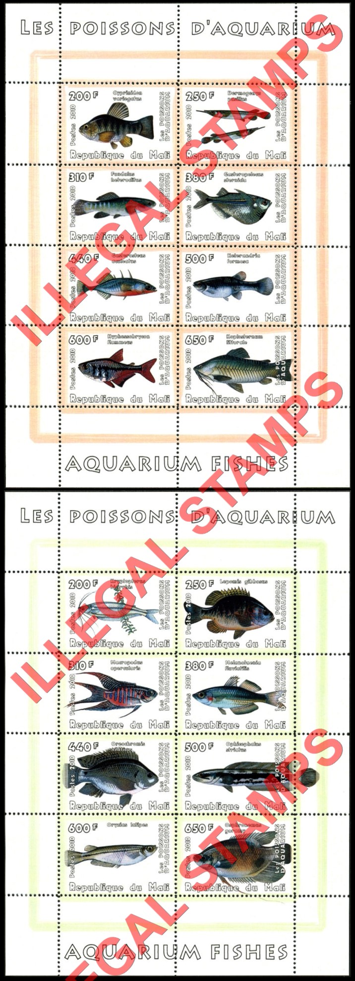 Mali 2010 Fish Aquarium Illegal Stamp Sheetlets of 8 (Part 2)