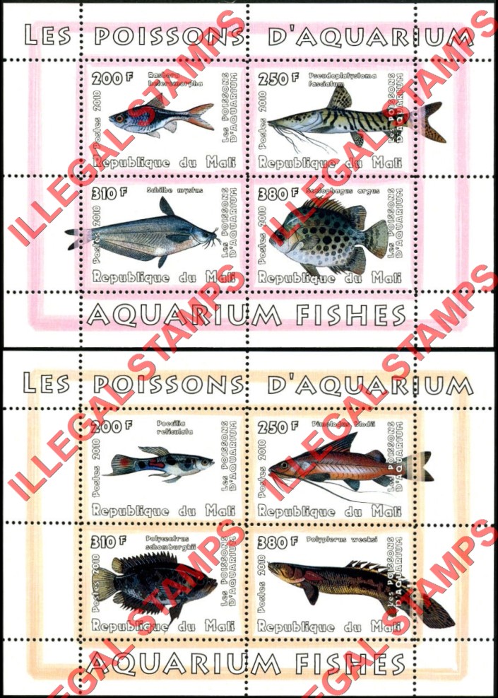 Mali 2010 Fish Aquarium Illegal Stamp Souvenir Sheets of 4 (Part 2)