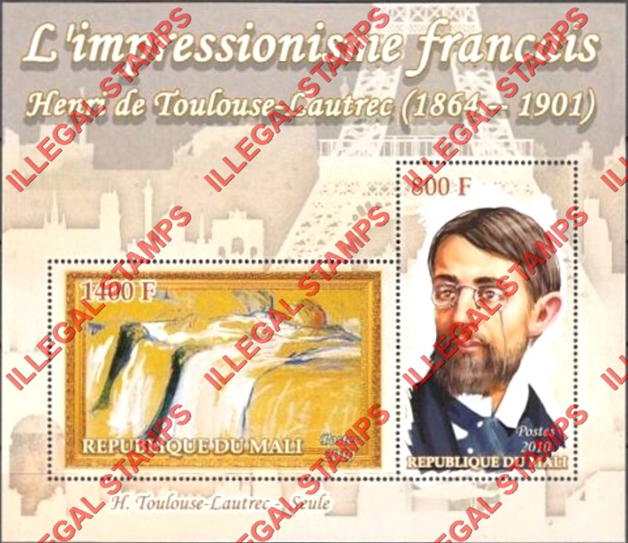 Mali 2010 French Painters Henri Lautrec Illegal Stamp Souvenir Sheet of 2