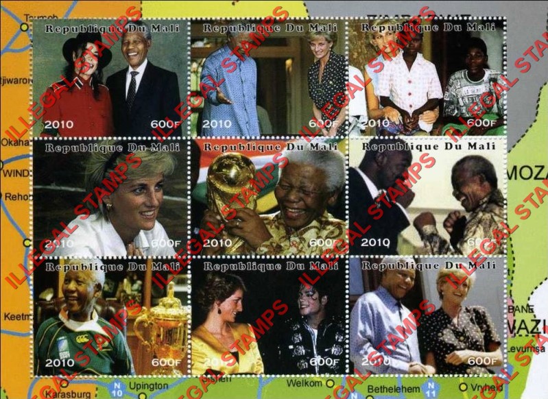 Mali 2010 Nelson Mandela Princess Diana and Michael Jackson Illegal Stamp Sheet of 9