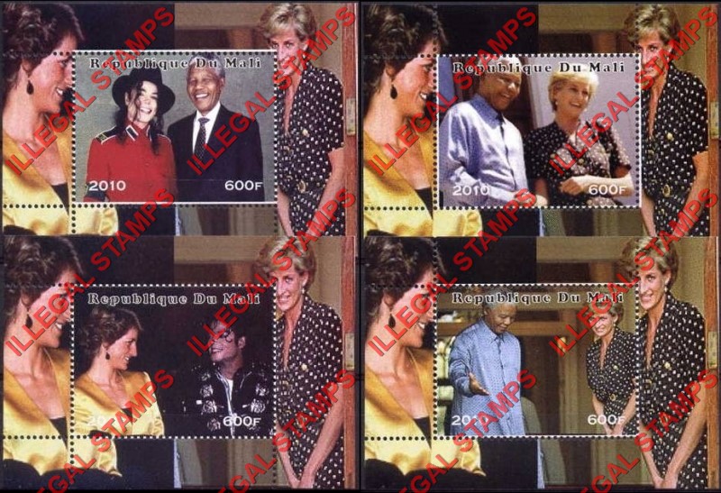 Mali 2010 Nelson Mandela Princess Diana and Michael Jackson Illegal Stamp Souvenir Sheets of 1 with Diana Background