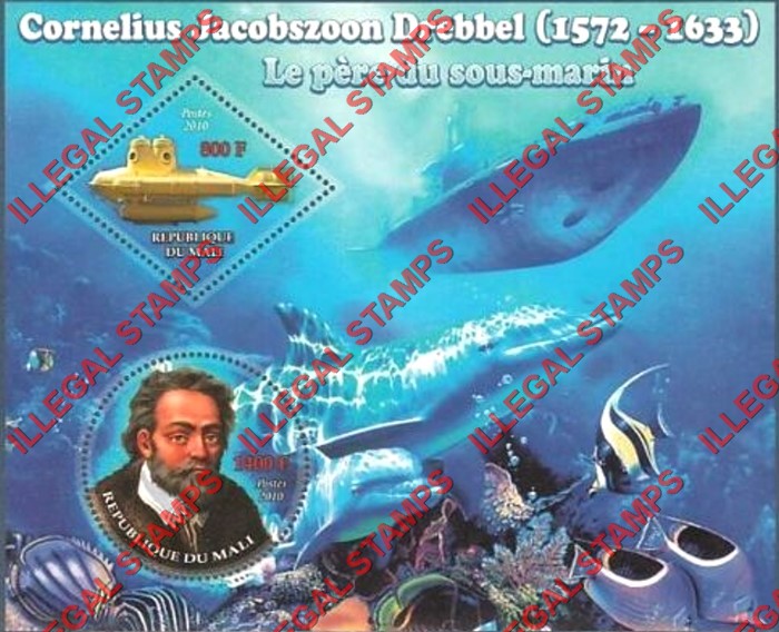Mali 2010 Marine Life Submarines Cornelius Drebbel Illegal Stamp Souvenir Sheet of 2