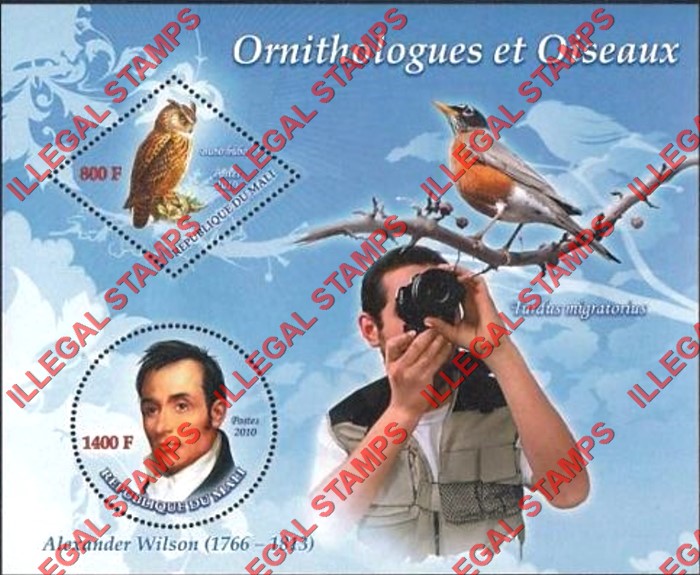 Mali 2010 Ornithologists and Birds Alexander Wilson Illegal Stamp Souvenir Sheet of 2