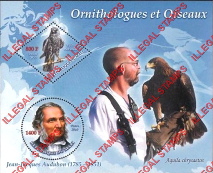 Mali 2010 Ornithologists and Birds John J. Audubon Illegal Stamp Souvenir Sheet of 2