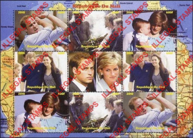 Mali 2010 Prince William Kate Middleton and Princess Diana Illegal Stamp Sheet of 8 Plus Label