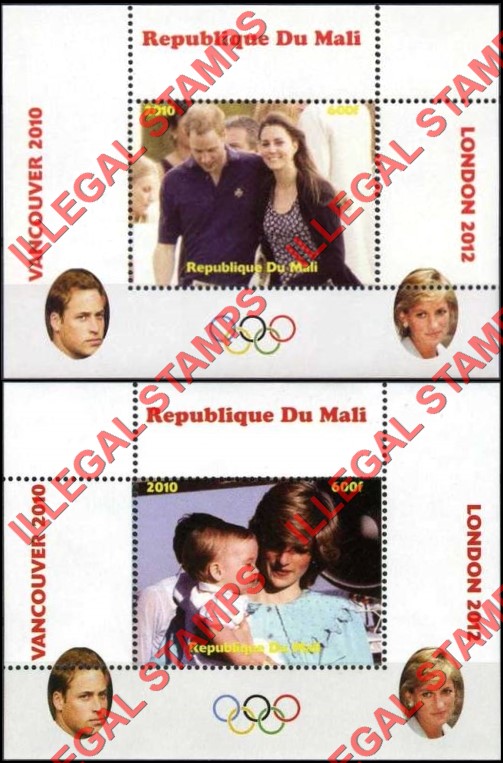 Mali 2010 Prince William Kate Middleton and Princess Diana Illegal Stamp Souvenir Sheets of 1