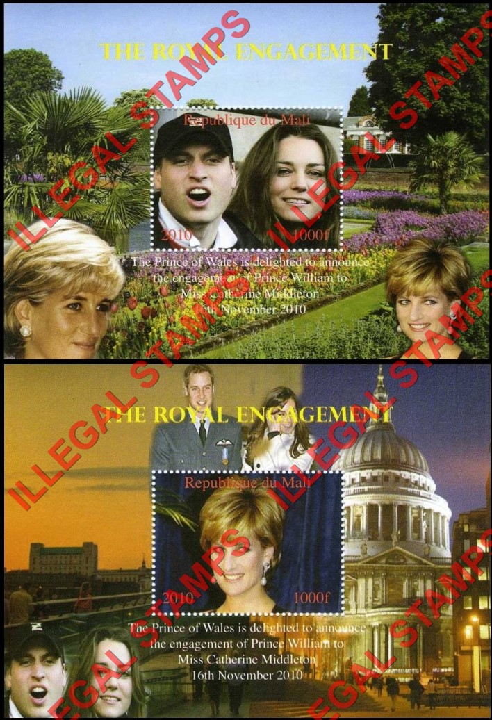 Mali 2010 Royal Engagement of Prince William and Kate Middleton Illegal Stamp Souvenir Sheets of 1 (Part 1)