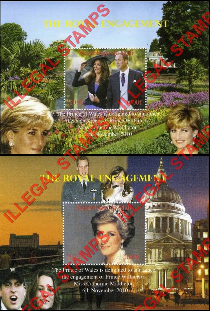 Mali 2010 Royal Engagement of Prince William and Kate Middleton Illegal Stamp Souvenir Sheets of 1 (Part 2)