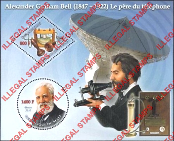 Mali 2010 Telephone Alexander Graham Bell Illegal Stamp Souvenir Sheet of 2