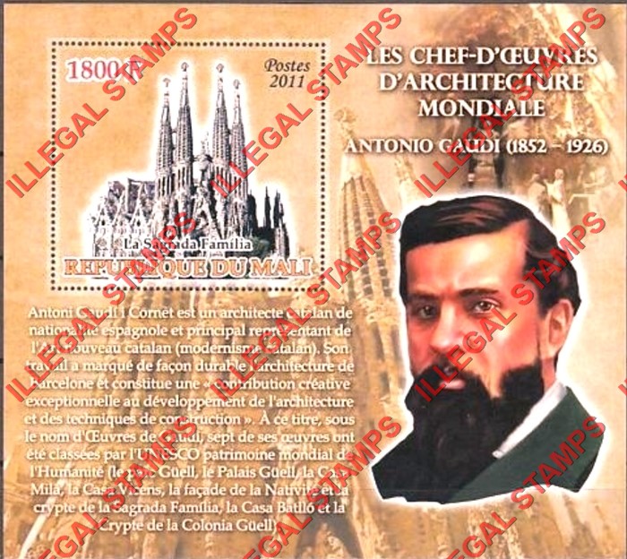 Mali 2011 Architects Antonio Gaudi Illegal Stamp Souvenir Sheet of 1