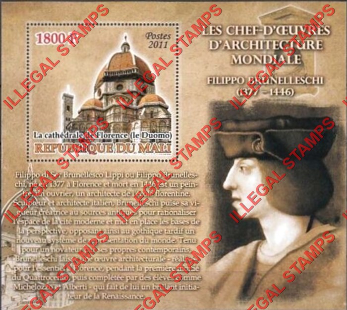 Mali 2011 Architects Filippo Brunelleschi Illegal Stamp Souvenir Sheet of 1