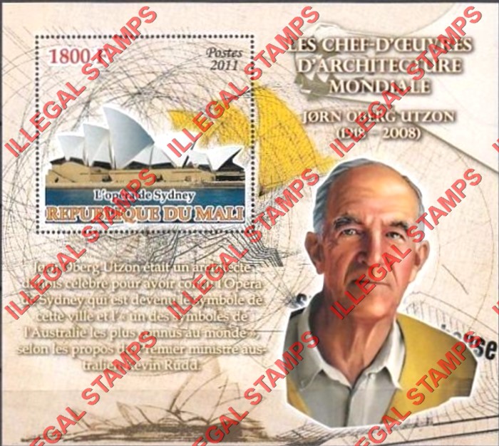 Mali 2011 Architects Jorn Utzon Illegal Stamp Souvenir Sheet of 1
