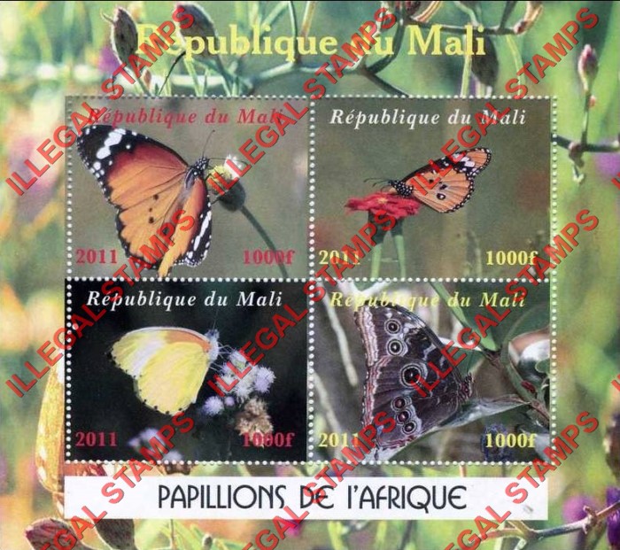Mali 2011 Butterflies of Africa Illegal Stamp Souvenir Sheet of 4