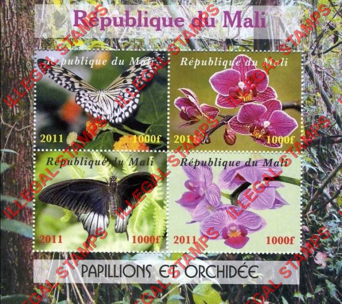 Mali 2011 Butterflies and Orchids Illegal Stamp Souvenir Sheet of 4