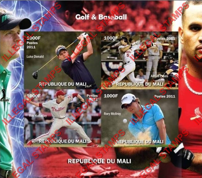 Mali 2011 Golf and Baseball Players Illegal Stamp Souvenir Sheet of 4