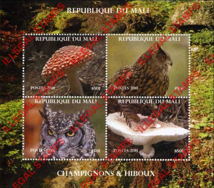 Mali 2011 Mushrooms and Owls Illegal Stamp Souvenir Sheet of 4