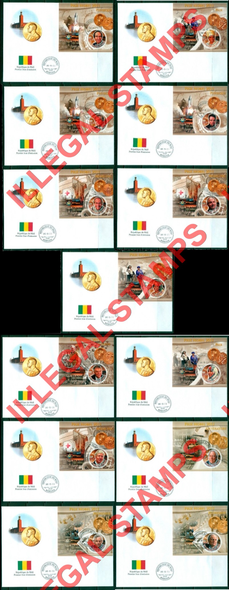 Mali 2011 Nobel Prize Illegal Stamp Souvenir Sheets of 1 on Fake First Day Covers