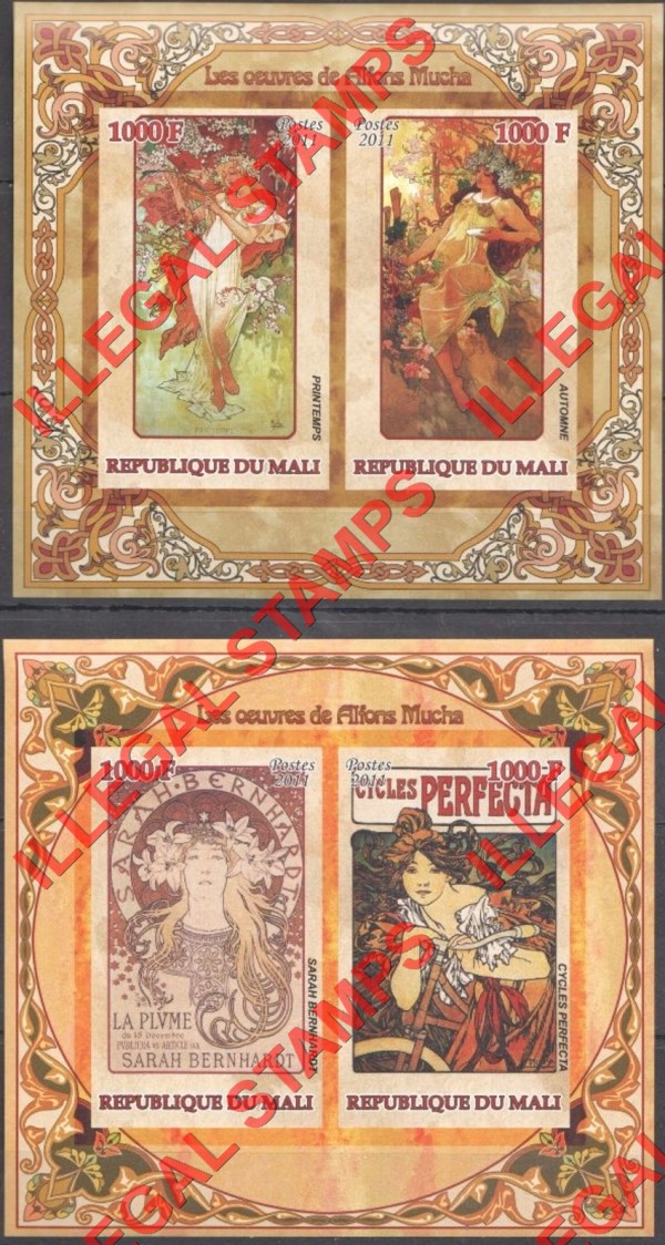 Mali 2011 Paintings Alfons Mucha Illegal Stamp Souvenir Sheets of 2