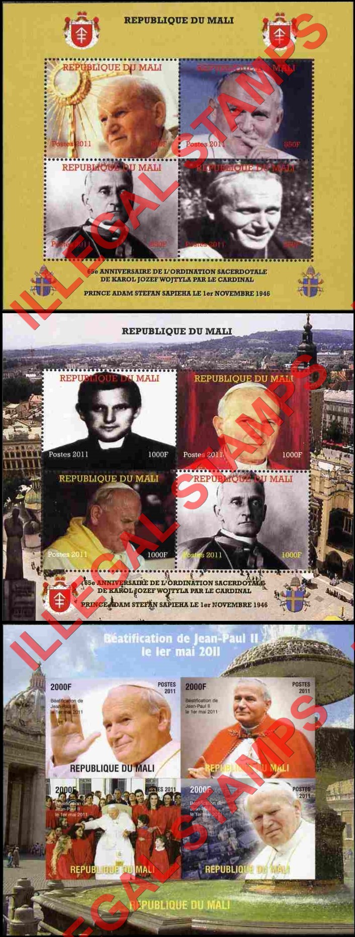 Mali 2011 Popes Illegal Stamp Souvenir Sheets of 4
