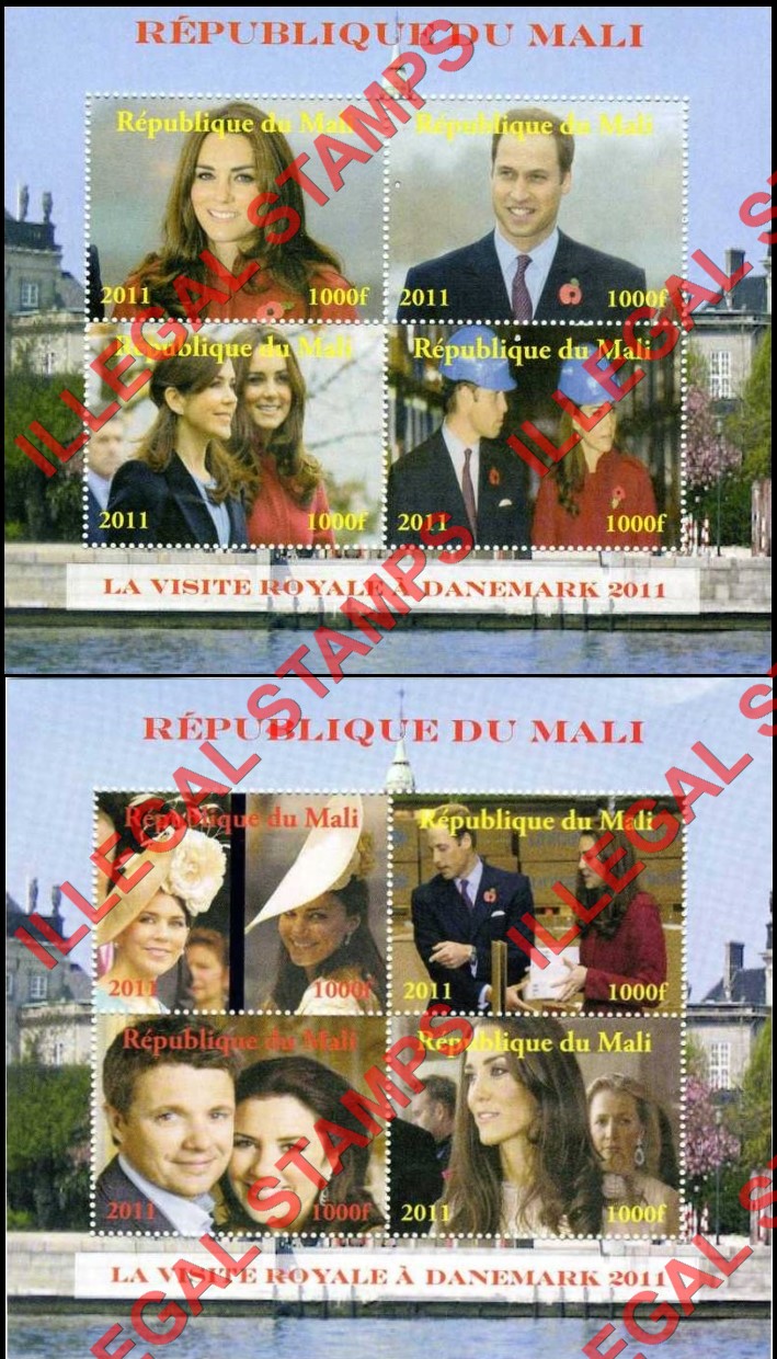 Mali 2011 Royal Visit to Denmark Illegal Stamp Souvenir Sheets of 4