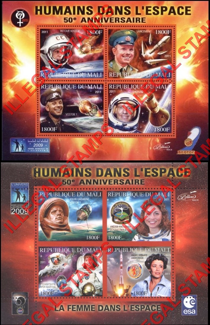 Mali 2011 Space Humans in Space Illegal Stamp Souvenir Sheets of 4