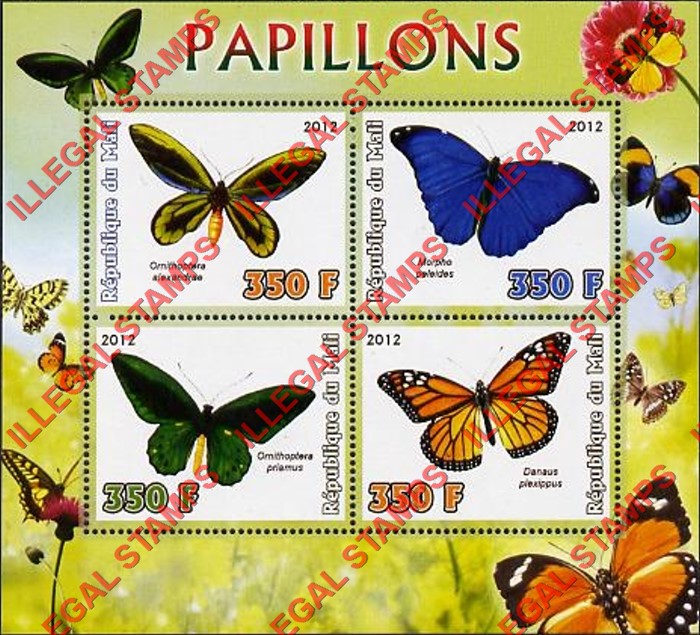 Mali 2012 Butterflies Illegal Stamp Souvenir Sheet of 4
