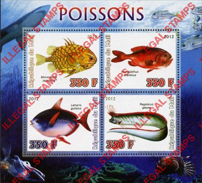 Mali 2012 Fish Illegal Stamp Souvenir Sheet of 4