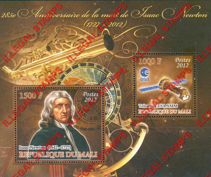 Mali 2012 Isaac Newton Illegal Stamp Souvenir Sheet of 2