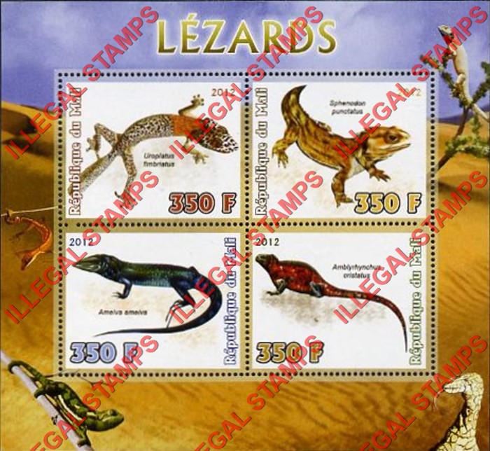 Mali 2012 Lizards Illegal Stamp Souvenir Sheet of 4