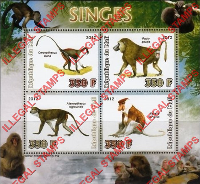 Mali 2012 Monkeys Illegal Stamp Souvenir Sheet of 4