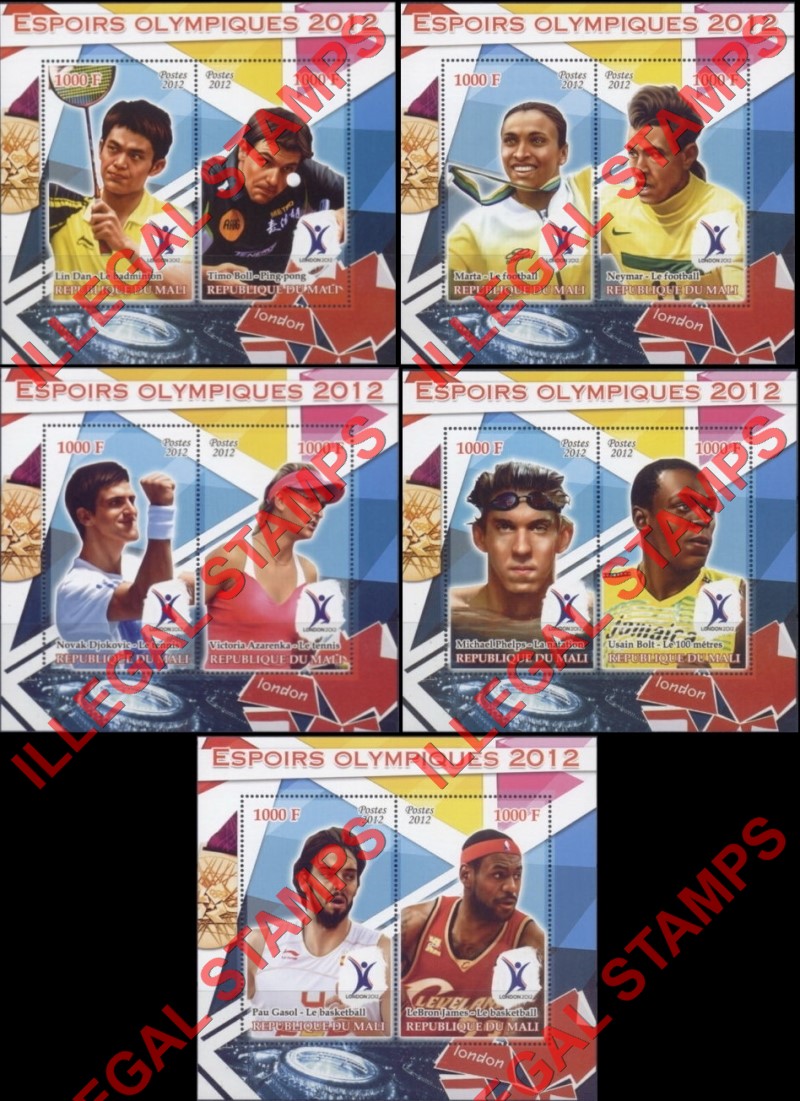 Mali 2012 Olympic Hopefuls Illegal Stamp Souvenir Sheets of 2