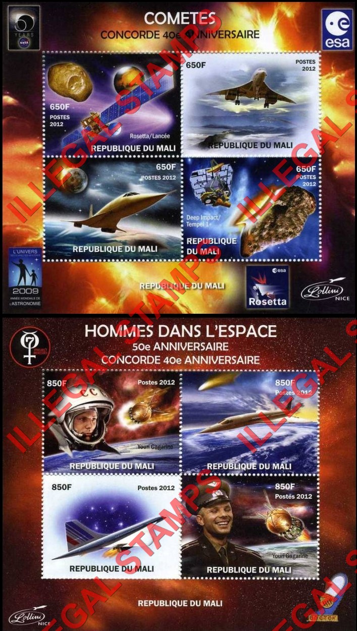 Mali 2012 Space Comets Concorde Humans in Space Illegal Stamp Souvenir Sheets of 4